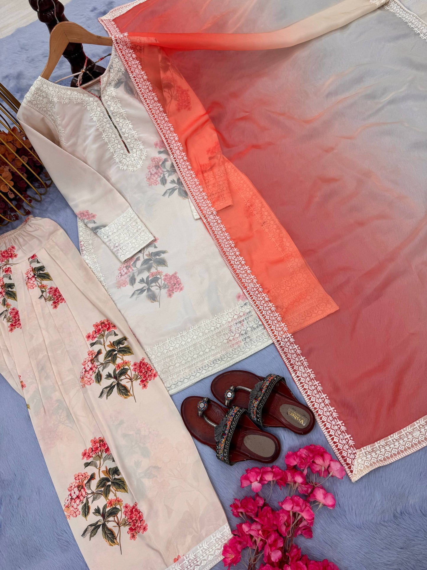 Trendy Cream Color Pure Chifon Georgette With Digital Printed Embroidery Work Palazzo Suit