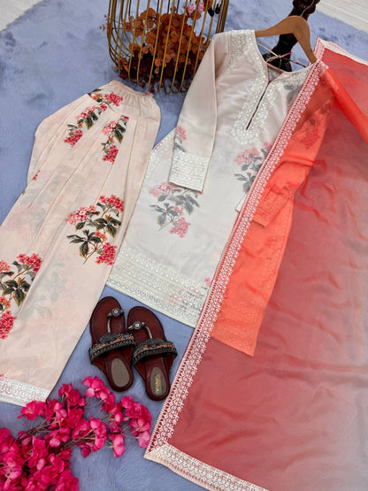 Trendy Cream Color Pure Chifon Georgette With Digital Printed Embroidery Work Palazzo Suit