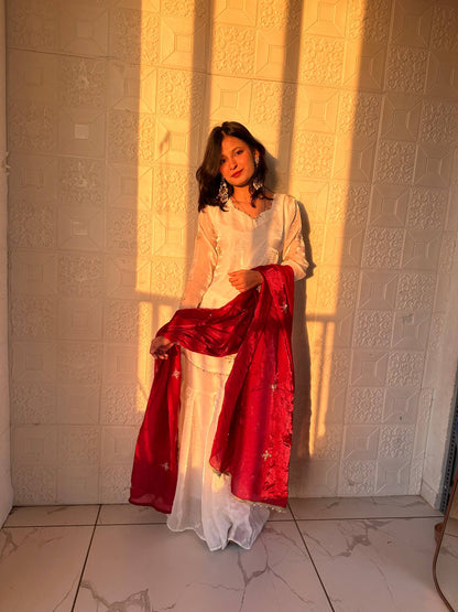 Glorious Maroon Color Embroidred Fredy Silk Sharara Suit With Dupatta