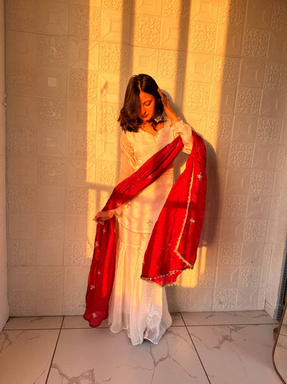 Glorious Maroon Color Embroidred Fredy Silk Sharara Suit With Dupatta
