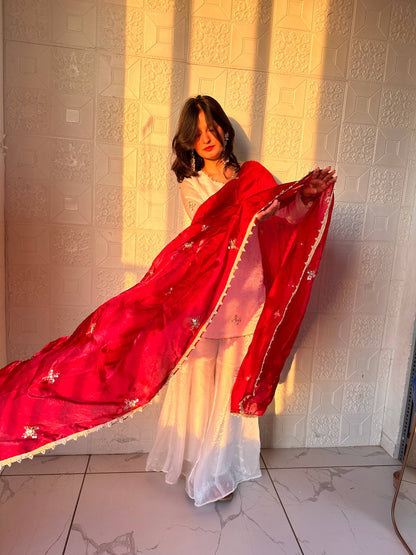 Glorious Maroon Color Embroidred Fredy Silk Sharara Suit With Dupatta