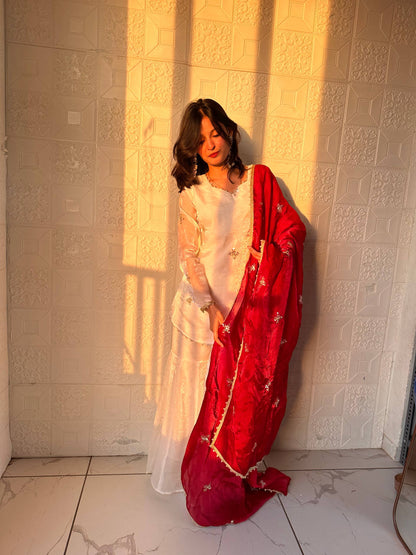 Glorious Maroon Color Embroidred Fredy Silk Sharara Suit With Dupatta