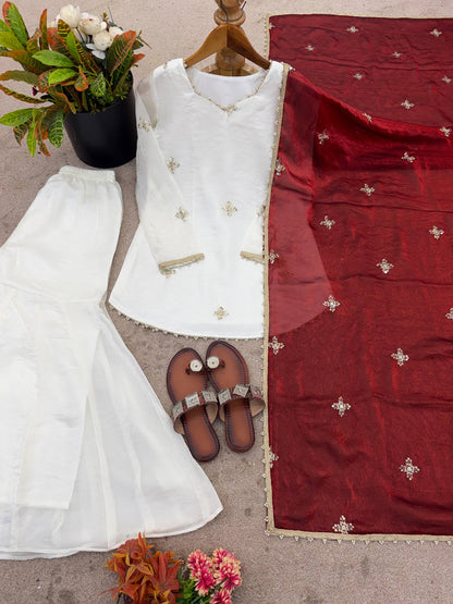 Glorious Maroon Color Embroidred Fredy Silk Sharara Suit With Dupatta