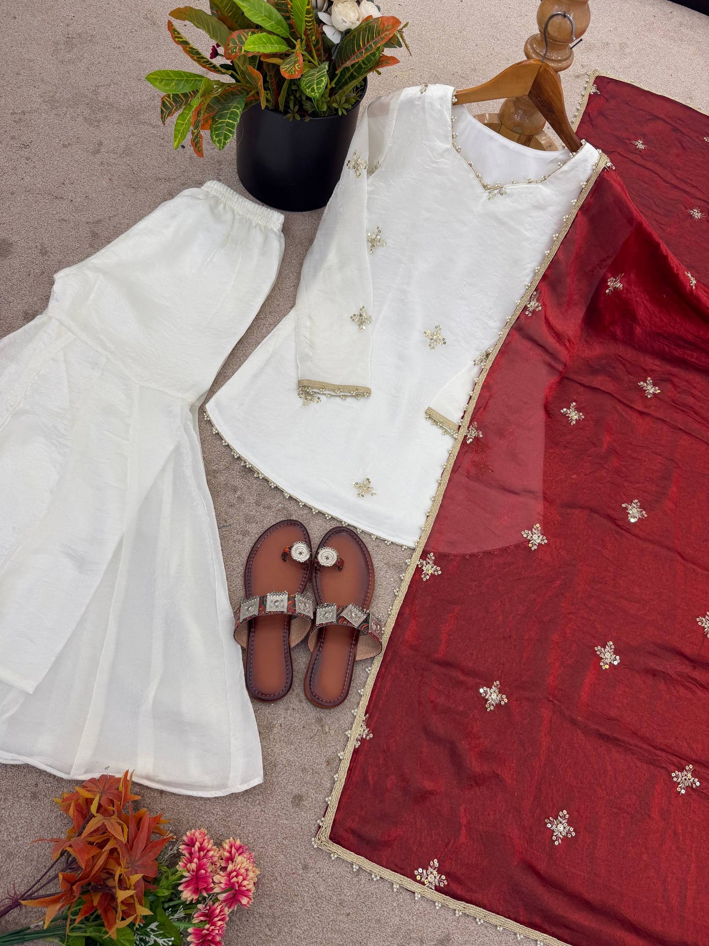 Glorious Maroon Color Embroidred Fredy Silk Sharara Suit With Dupatta