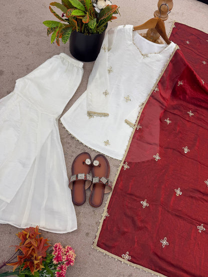 Glorious Maroon Color Embroidred Fredy Silk Sharara Suit With Dupatta