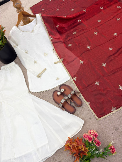 Glorious Maroon Color Embroidred Fredy Silk Sharara Suit With Dupatta