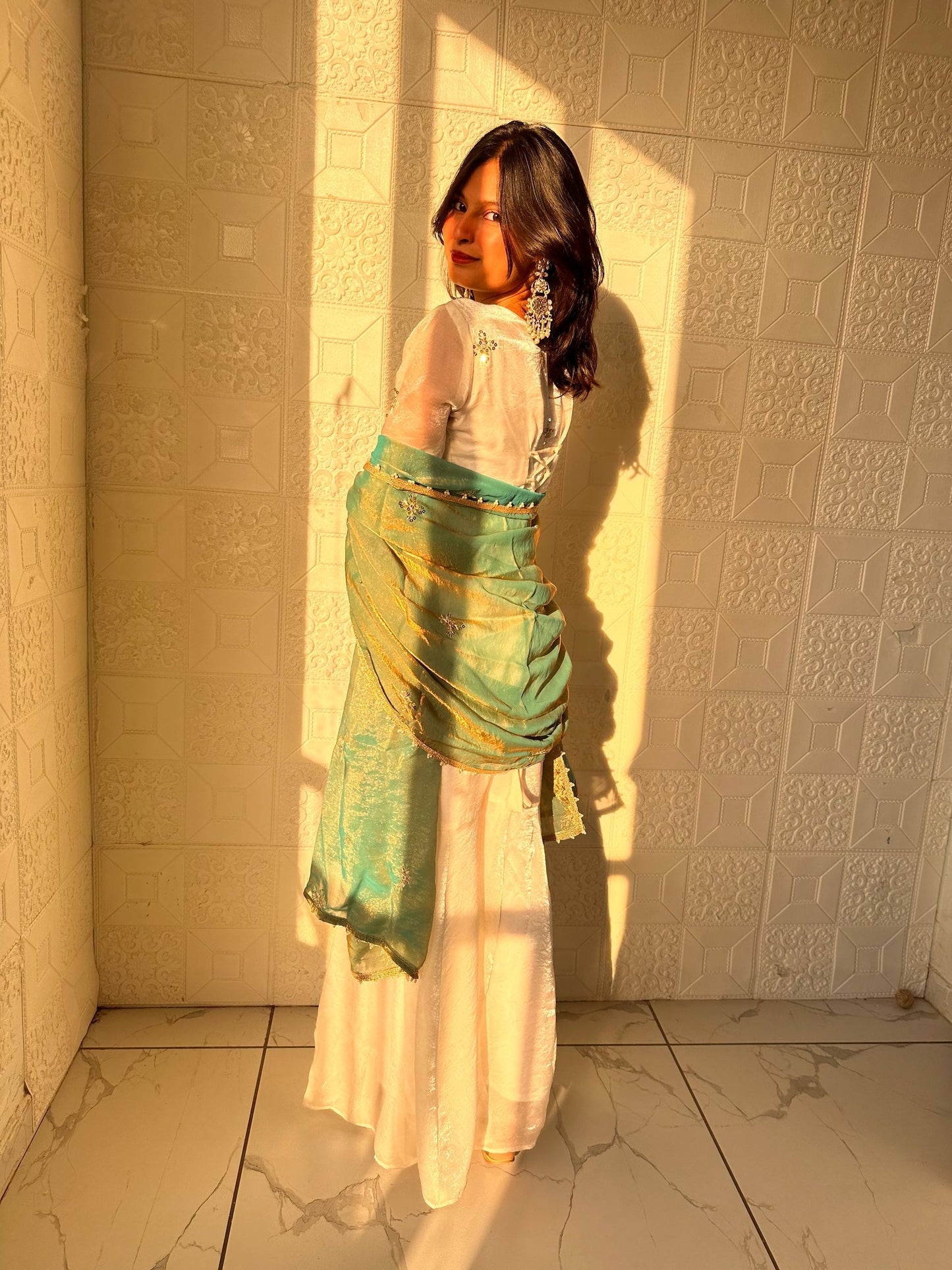 Captivating Sky Blue Color Embroidered Fredy Silk Sharara Suit With Dupatta
