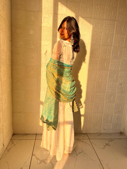 Captivating Sky Blue Color Embroidered Fredy Silk Sharara Suit With Dupatta