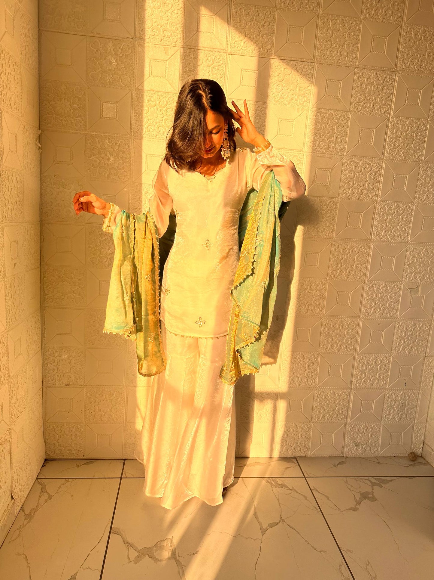 Captivating Sky Blue Color Embroidered Fredy Silk Sharara Suit With Dupatta