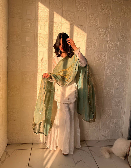 Captivating Sky Blue Color Embroidered Fredy Silk Sharara Suit With Dupatta