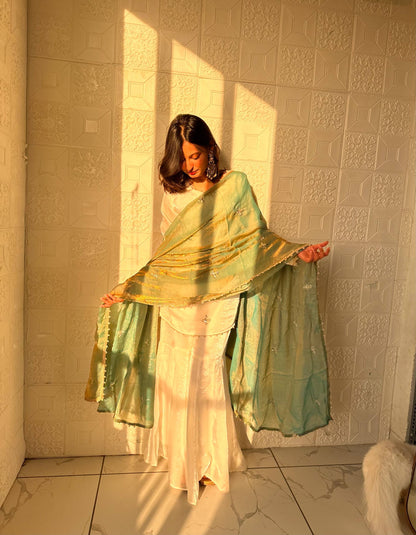 Captivating Sky Blue Color Embroidered Fredy Silk Sharara Suit With Dupatta