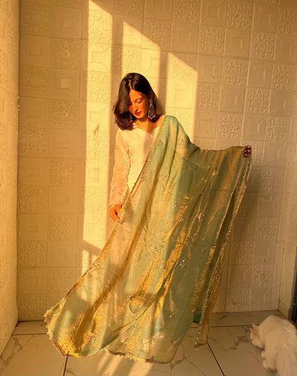 Captivating Sky Blue Color Embroidered Fredy Silk Sharara Suit With Dupatta