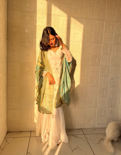 Captivating Sky Blue Color Embroidered Fredy Silk Sharara Suit With Dupatta