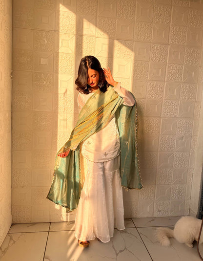 Captivating Sky Blue Color Embroidered Fredy Silk Sharara Suit With Dupatta