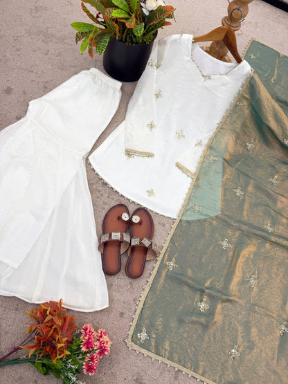 Captivating Sky Blue Color Embroidered Fredy Silk Sharara Suit With Dupatta