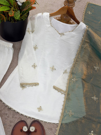 Captivating Sky Blue Color Embroidered Fredy Silk Sharara Suit With Dupatta