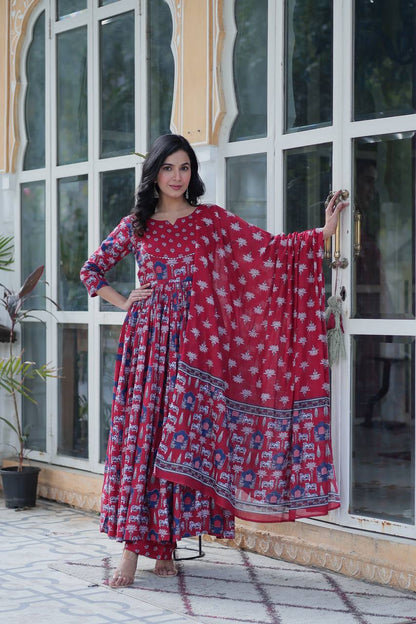 Marriage Special Red Color Pure Cotton Fancy Round Neck Kurti With Palazzo