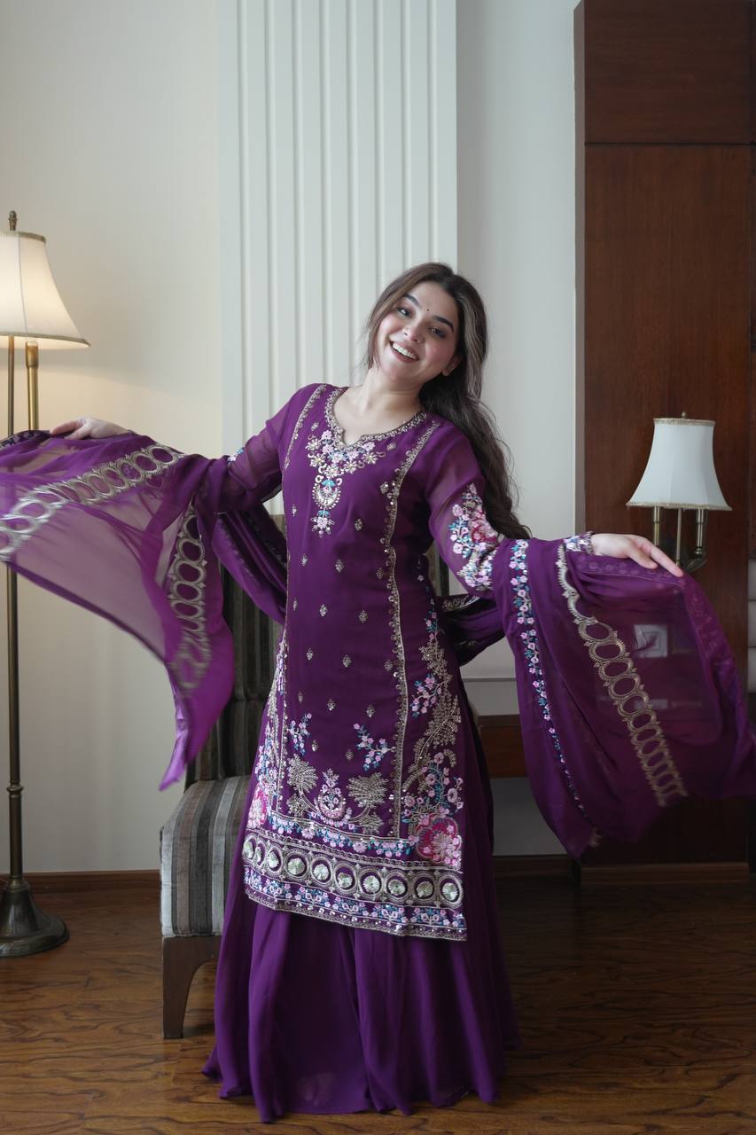 Elegant Purple Color Sequence Embroidered Palazzo Suit