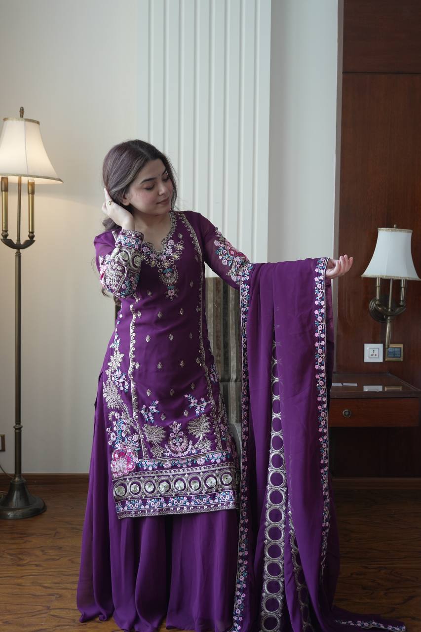 Elegant Purple Color Sequence Embroidered Palazzo Suit