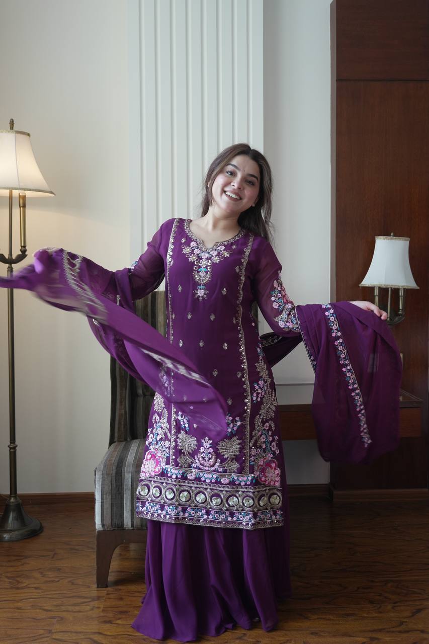 Elegant Purple Color Sequence Embroidered Palazzo Suit