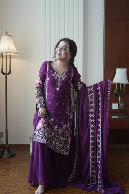 Elegant Purple Color Sequence Embroidered Palazzo Suit