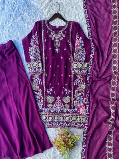 Elegant Purple Color Sequence Embroidered Palazzo Suit