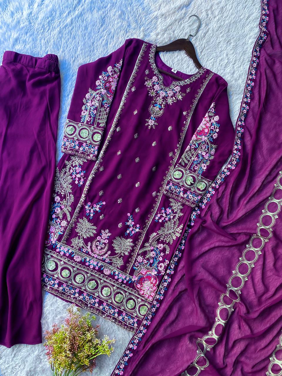 Elegant Purple Color Sequence Embroidered Palazzo Suit