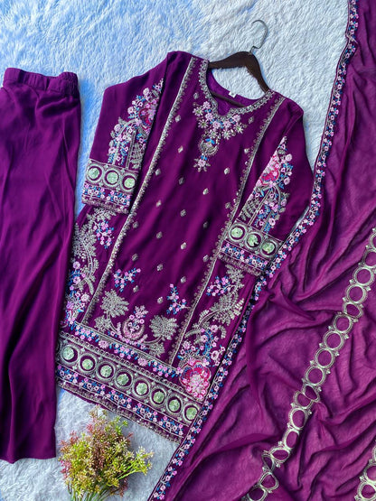 Elegant Purple Color Sequence Embroidered Palazzo Suit