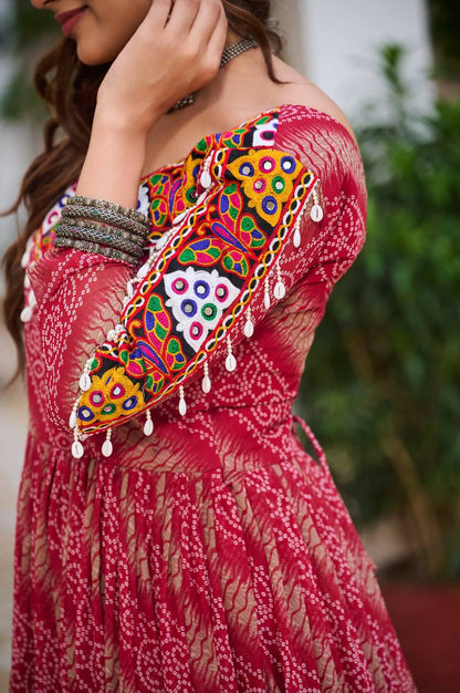 Navratri Collection Dark Pink Faux Georgette With Bandhni Printed Gamathi Work Gown