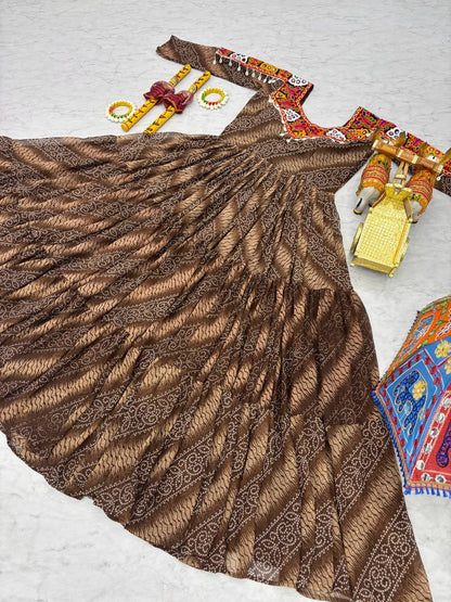 Navratri Collection Coffee Faux Georgette With Bandhni Printed Gamathi Work Gown