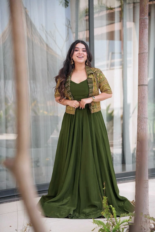 Graceful Mono Silk Green Color Lehenga Choli With Koti