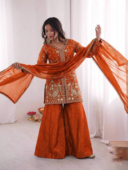 Arti Chuhan Wear Orange Color Sequence Embroidered Palazzo Suit With Dupatta