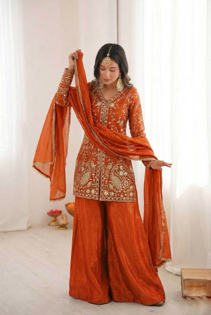 Arti Chuhan Wear Orange Color Sequence Embroidered Palazzo Suit With Dupatta