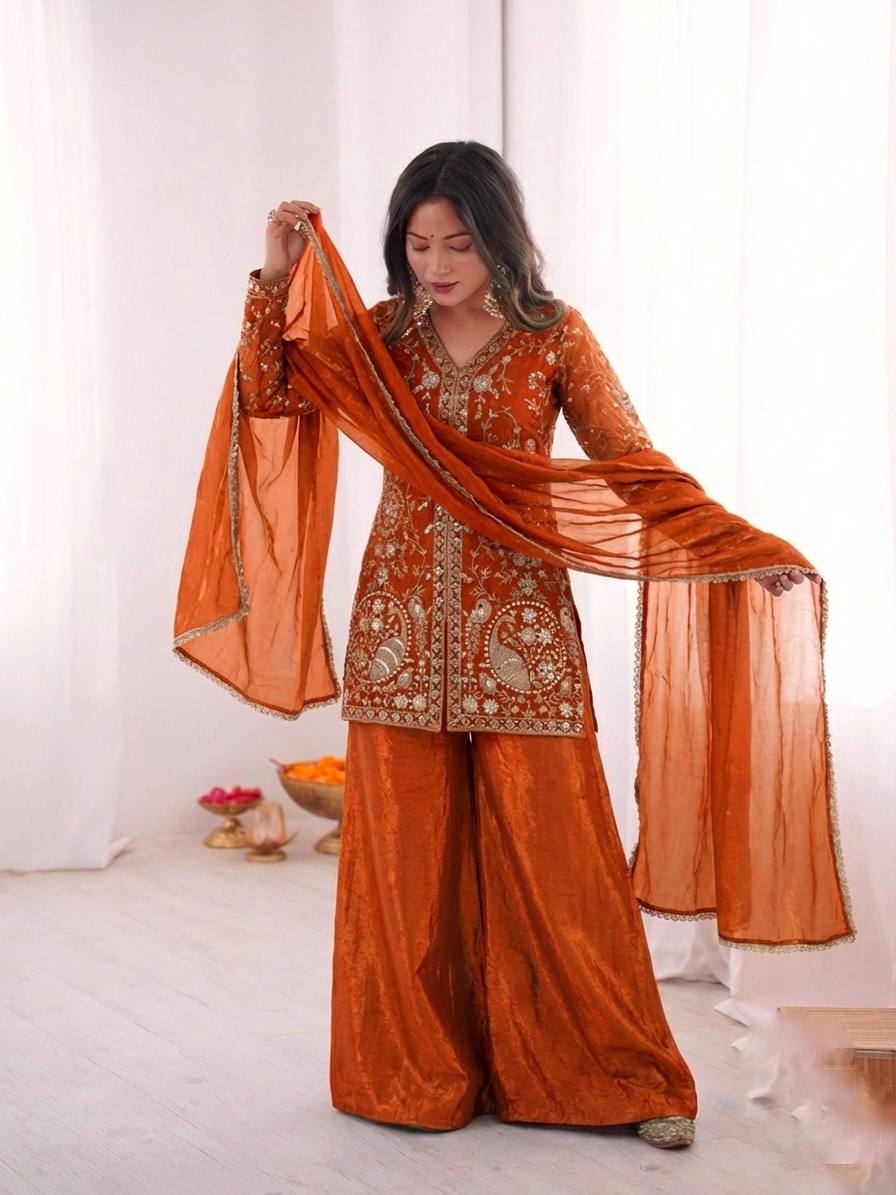 Arti Chuhan Wear Orange Color Sequence Embroidered Palazzo Suit With Dupatta