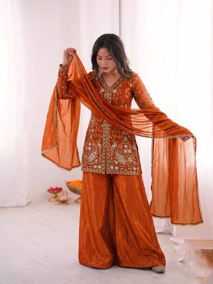 Arti Chuhan Wear Orange Color Sequence Embroidered Palazzo Suit With Dupatta