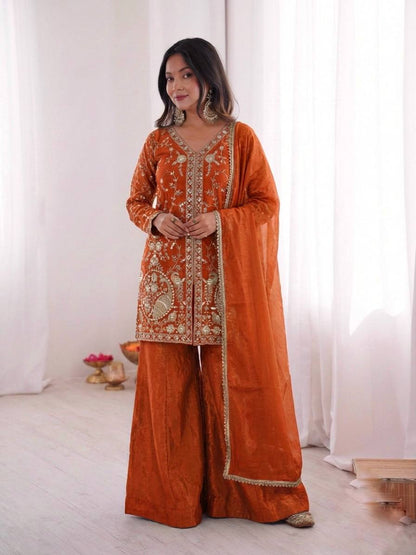 Arti Chuhan Wear Orange Color Sequence Embroidered Palazzo Suit With Dupatta