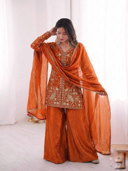 Arti Chuhan Wear Orange Color Sequence Embroidered Palazzo Suit With Dupatta