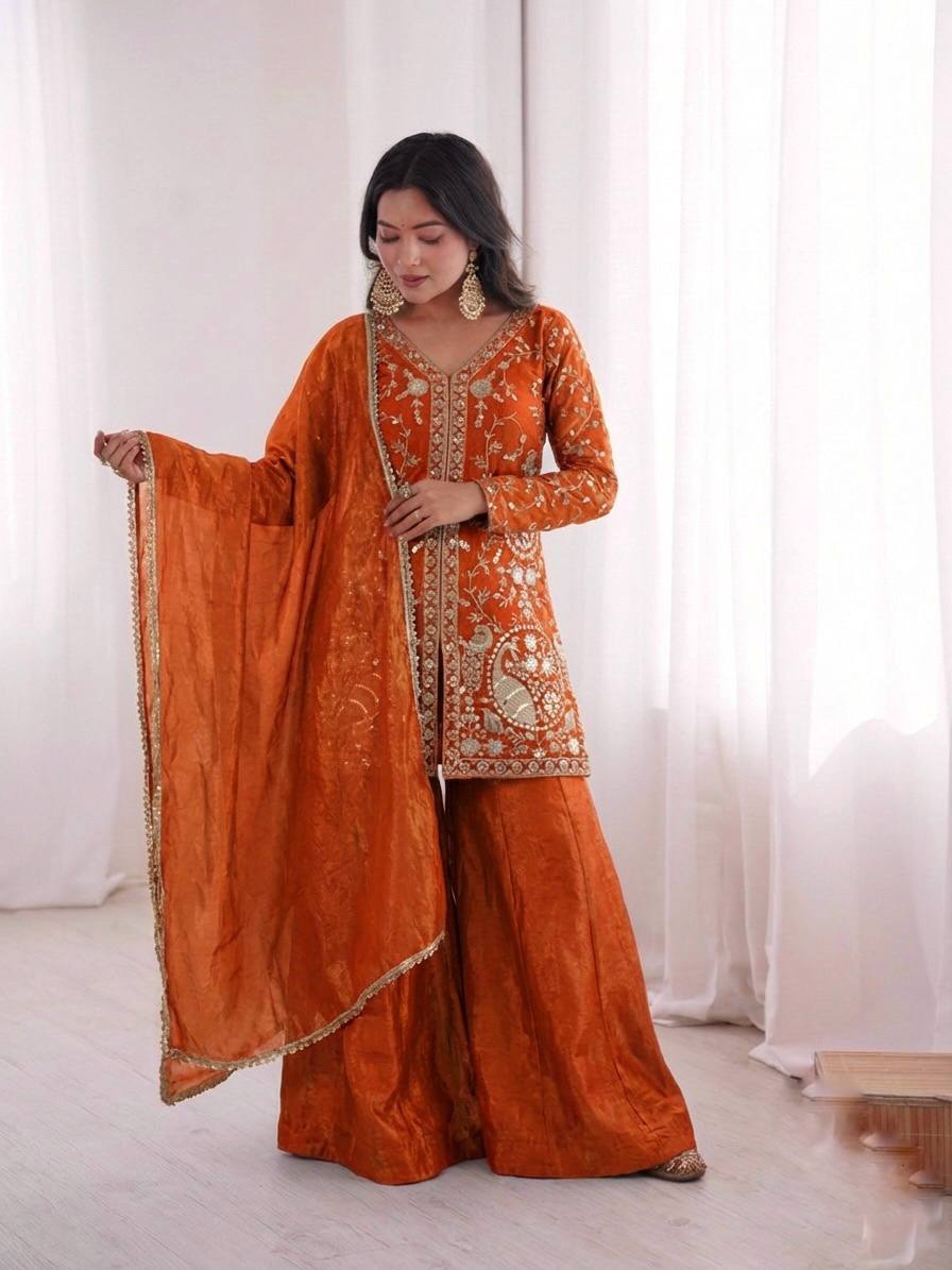 Arti Chuhan Wear Orange Color Sequence Embroidered Palazzo Suit With Dupatta