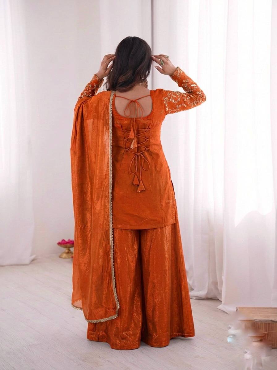 Arti Chuhan Wear Orange Color Sequence Embroidered Palazzo Suit With Dupatta