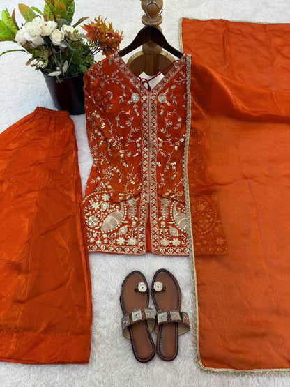 Arti Chuhan Wear Orange Color Sequence Embroidered Palazzo Suit With Dupatta