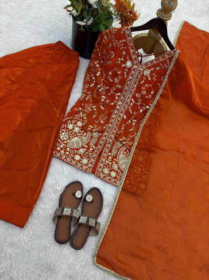 Arti Chuhan Wear Orange Color Sequence Embroidered Palazzo Suit With Dupatta