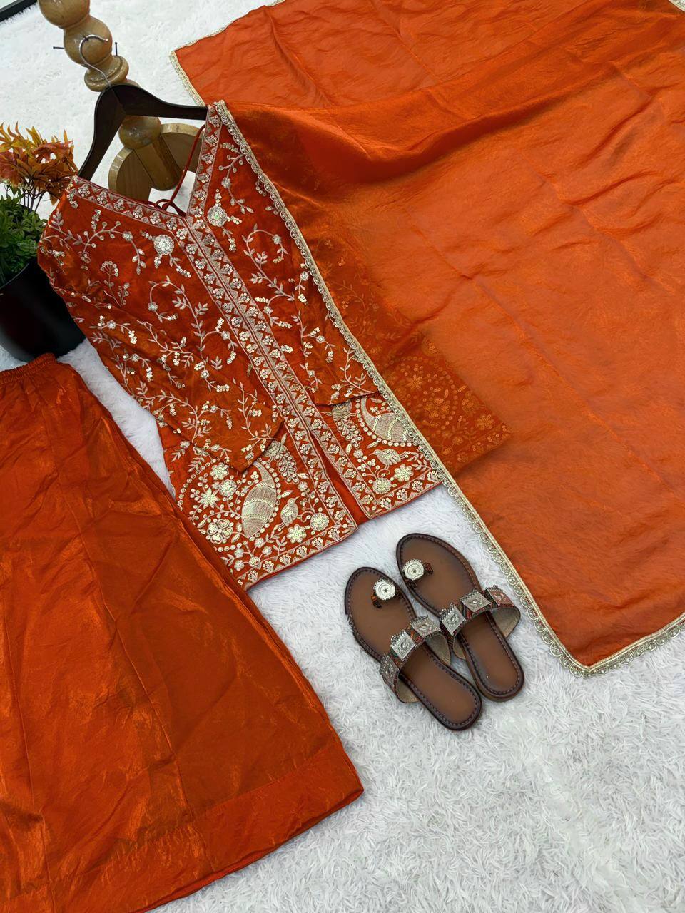 Arti Chuhan Wear Orange Color Sequence Embroidered Palazzo Suit With Dupatta