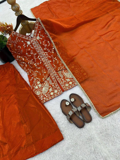 Arti Chuhan Wear Orange Color Sequence Embroidered Palazzo Suit With Dupatta