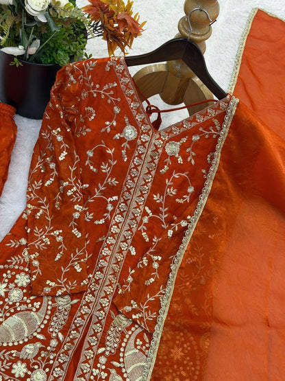 Arti Chuhan Wear Orange Color Sequence Embroidered Palazzo Suit With Dupatta