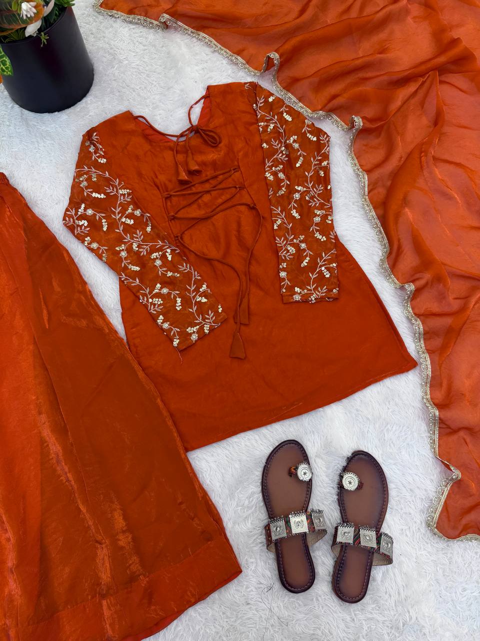 Arti Chuhan Wear Orange Color Sequence Embroidered Palazzo Suit With Dupatta