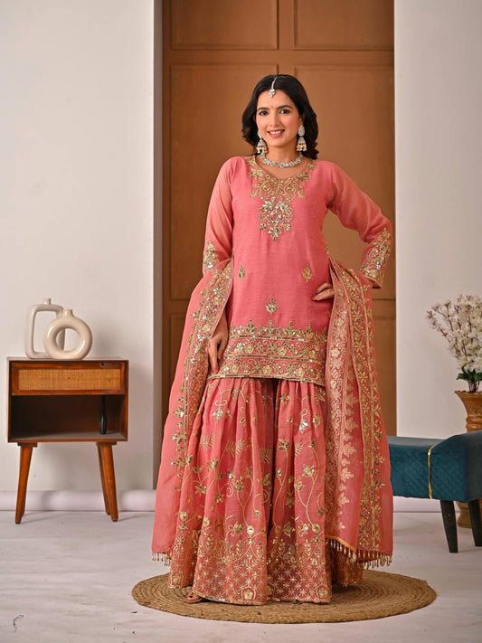 Fancy Pink Color Sequnce Embroidered Sharara Suit With Dupatta