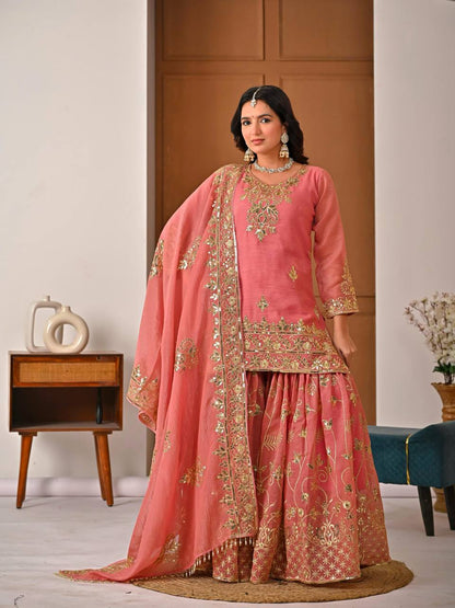 Fancy Pink Color Sequnce Embroidered Sharara Suit With Dupatta