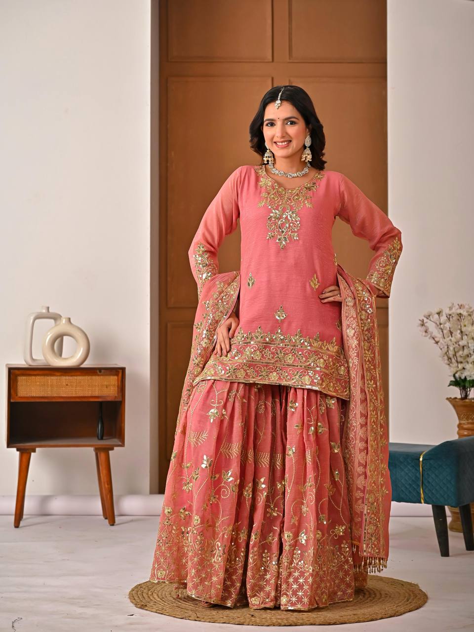 Fancy Pink Color Sequnce Embroidered Sharara Suit With Dupatta