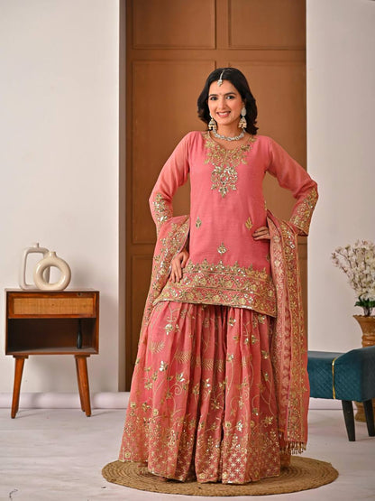 Fancy Pink Color Sequnce Embroidered Sharara Suit With Dupatta
