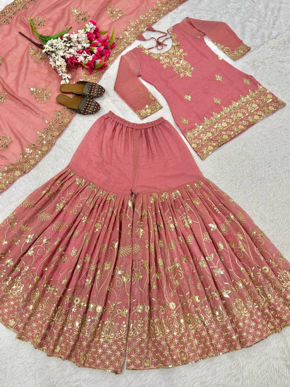 Fancy Pink Color Sequnce Embroidered Sharara Suit With Dupatta